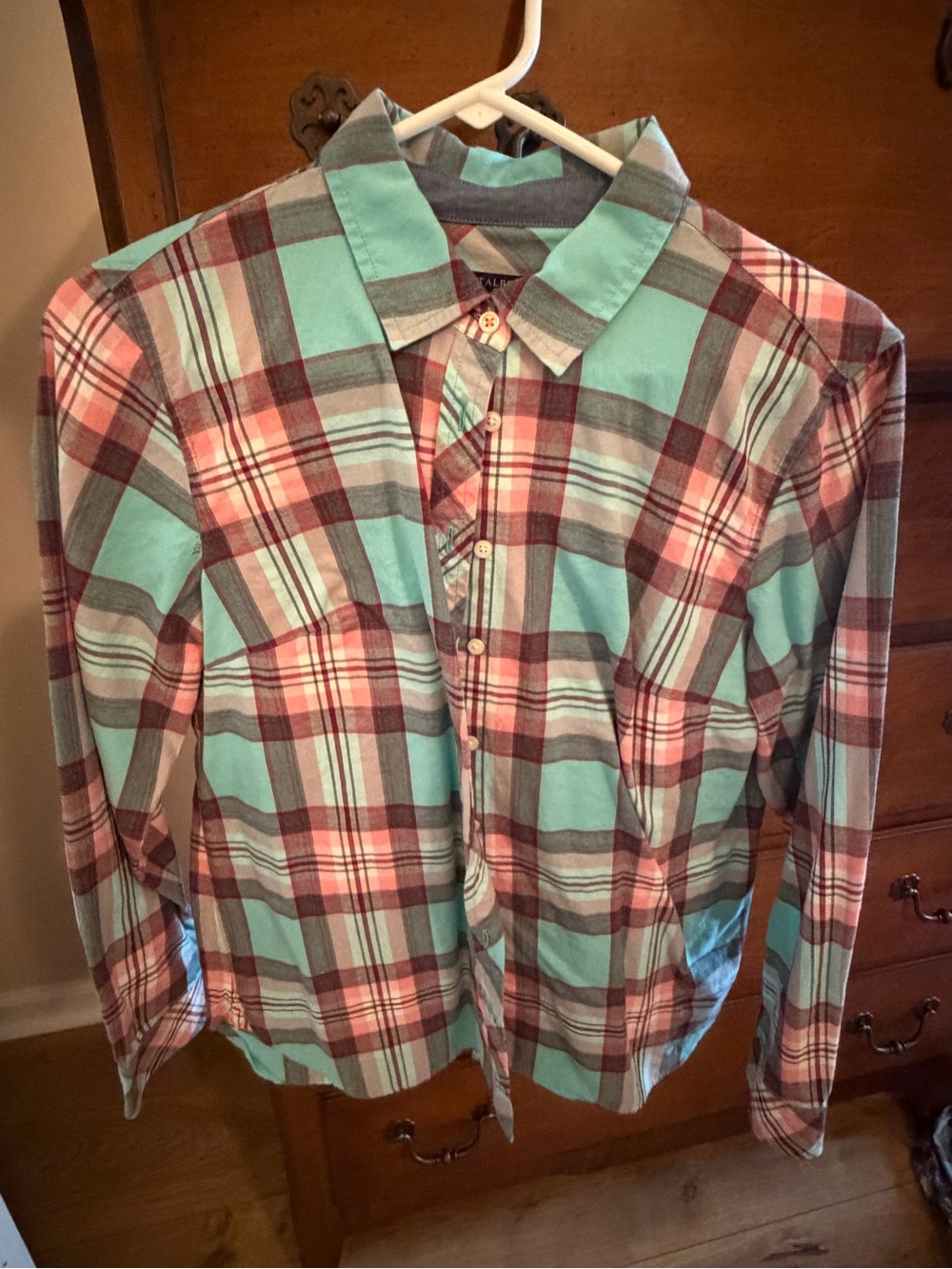Talbots Plaid Button-Up Shirt in Teal, Pink & Brown
